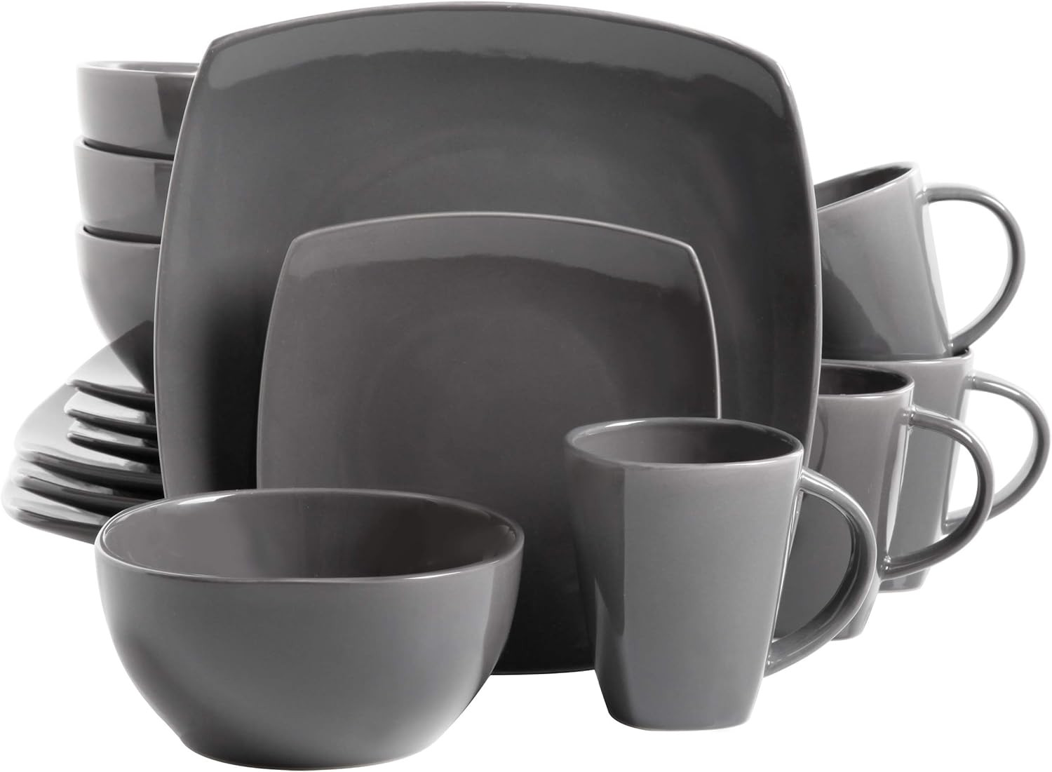 Gibson Soho Lounge 16-Piece Square Dinnerware Set for 4 - Grey Reactive Glaze