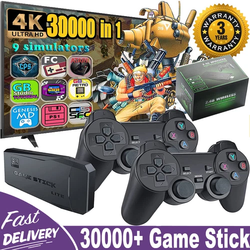 4K HDMI TV Game Stick Built-in 64GB 30000+ Video Games Console Wireless Gamepad