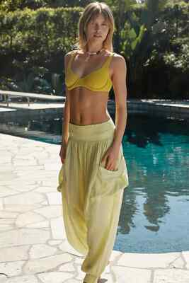 Free People Walk On Fire Pant Pull On Endless Summer Lime Glo Smocked Medium M