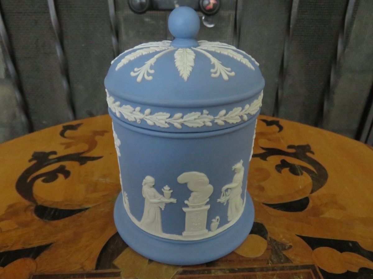 wedgwood tobacco jar Wedgwood Blue Jasperware Sacrifice Figures Cigarette Tobacco Jar Box  (c.1958)