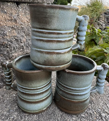 Set Of  3 Vintage Frankoma C3 Coffee Mug Plainsman Green/Brown Pottery 4" Clay