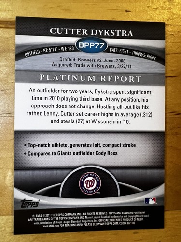 2011 Bowman Platinum Prospects Gold Refractor #BPP77 Cutter Dykstra /50 - Picture 3 of 3