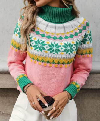 Geo Muster Faire Isle Pullover, Lässiger Rollkragen Farbblock Langarm Pullover