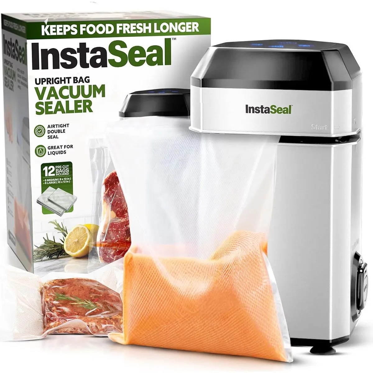 InstaSeal Airtight Double Seal Compact Upright Bag Food Vacuum Sealer w/ 12 Bags