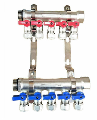 5 Loop Plumbing Manifold w/ 3/4'' Trunk & 1/2'' PEX Ball Valves w/ Brackets