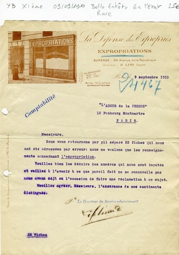 Paris XI ème 94 Av de la République- Belle Entête La Défense des Expropriés 1910 - 第 1/1 張圖片