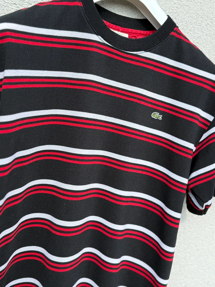 LACOSTE T Shirt Mens MEDIUM to LARGE Striped Black White Red Vintage Crew Neck - Image 2 of 4