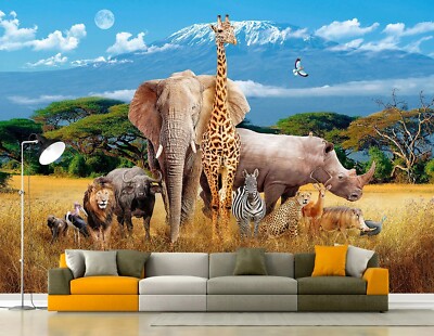 African Animals Wall Mural - Zebra, Elephant, Lion, Rhino, Giraffe, Leopard