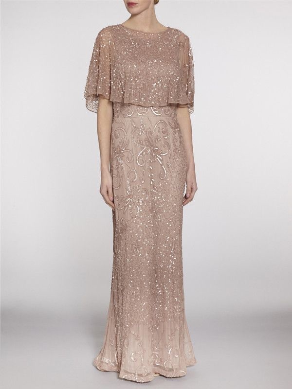 Gina Bacconi rose beaded mesh dress with cape New with tags