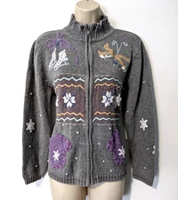 Vtg KIT KIT Women's Christmas Full Zip Winter Sweater Jacket Sz L Ramie/Cotton