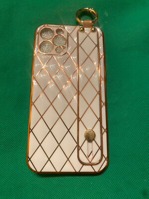 iPhone 12 Pro Hülle Weiß & Gold Bling Case mit Handschlaufe Weich TPU Bumper