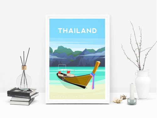 Thailand Art Print, Phi Phi Island Travel Poster, Thai Boat Illustration - Picture 4 of 6