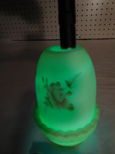 Vintage Fenton Signed CS Johnson Roses Uranium Milk Glass Covered Candleholder