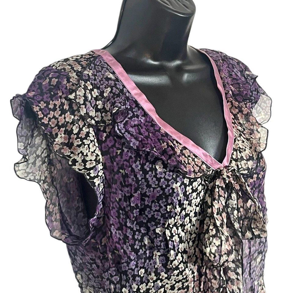 BLUSA DE SEDA TRANSPARENTE SUNNY LEIGH Y2K DE COLECCIÓN TALLA XL HADA PÚRPURA NEGRA FLORAL CAPRICHO Foto 2 de 4
