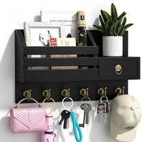 SchlüSselbrett Holz Wand SchlüSselhalter Ablage Schwarz Massivholz 6 Haken 33Cm