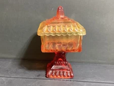 JEANETTE GLASS CO WEDDING CAKE BOX, Candy Dish 6.5” Amberina (B06-042025)