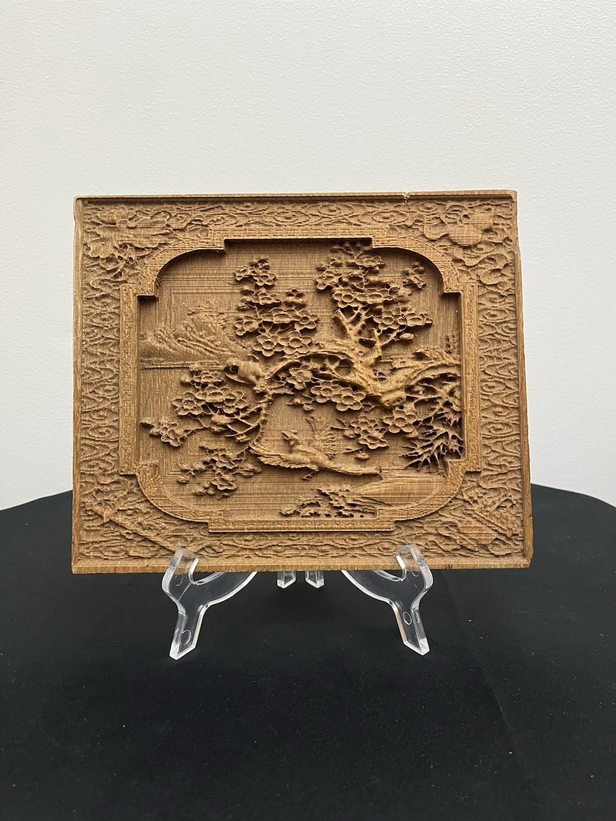 🟡 VTG Scenic Wood Carved Double Sided Panel ~8” x 10” x 1” L Birds Cherry Trees