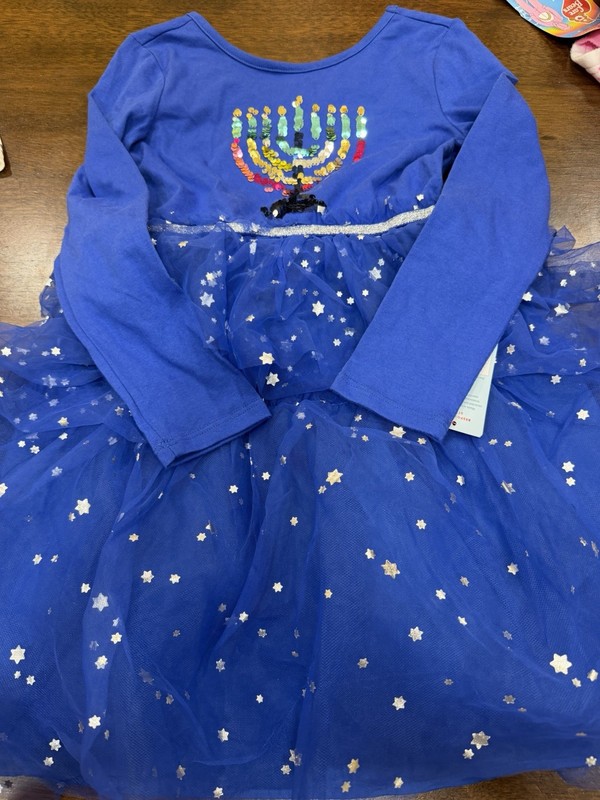 Cat & Jack Blue Long Sleeve Hanukkah Stars Lined Puffy Dress Menorah Medium 8nwt