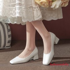 Women's Square Toe Chunky Block Heel Pumps Close Toe Office Work Slip on Dress