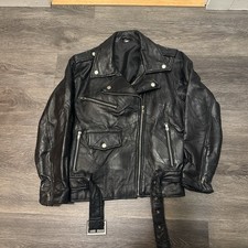 Women's Black Moto Jacket Genuine Leather Size Medium Belt Nice VTG 90s