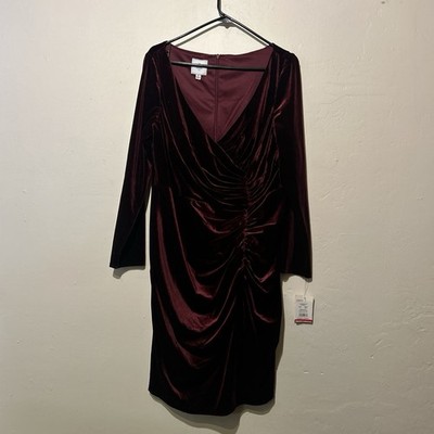 DB Studio Wine Velvet Midi Wrap Dress V-Neck Ruched Long Sleeve Women s 18