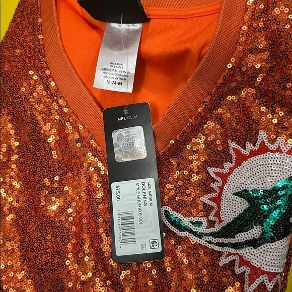 Camisa Top Para Mujer Miami Dolphins NFL Naranja Marca Lentejuelas Cuello en V Nueva con Etiquetas Talla S Foto 4 de 4