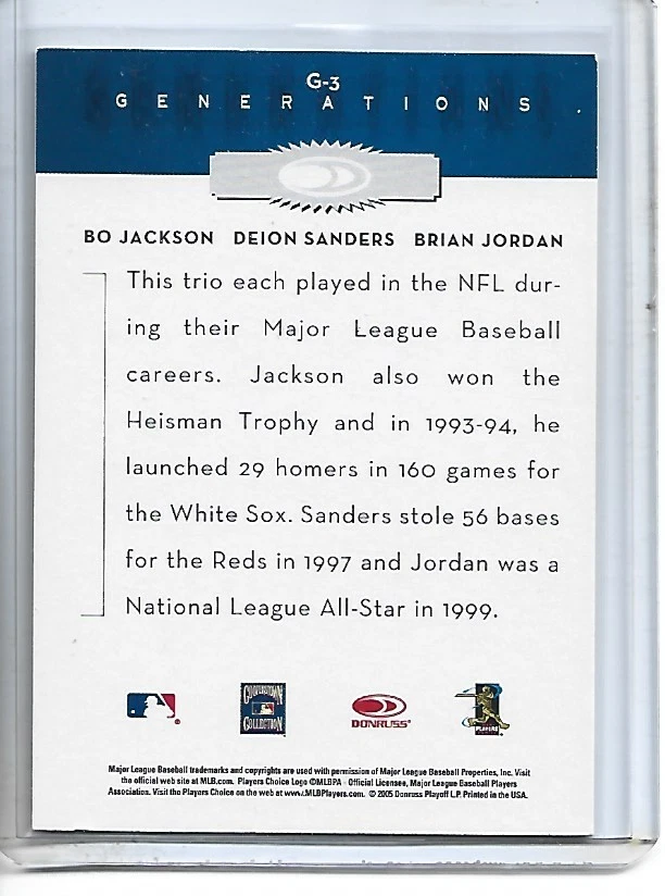 Bo Jackson/B. Jordan/D. Sanders 2005 Donruss Throwback Threads Generations #G-3 — 第 2/2 张图片