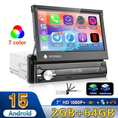 7'' Single 1Din Android 15.0 Carplay Flip Out Car Stereo Radio Navi WiFi FM 2+64G