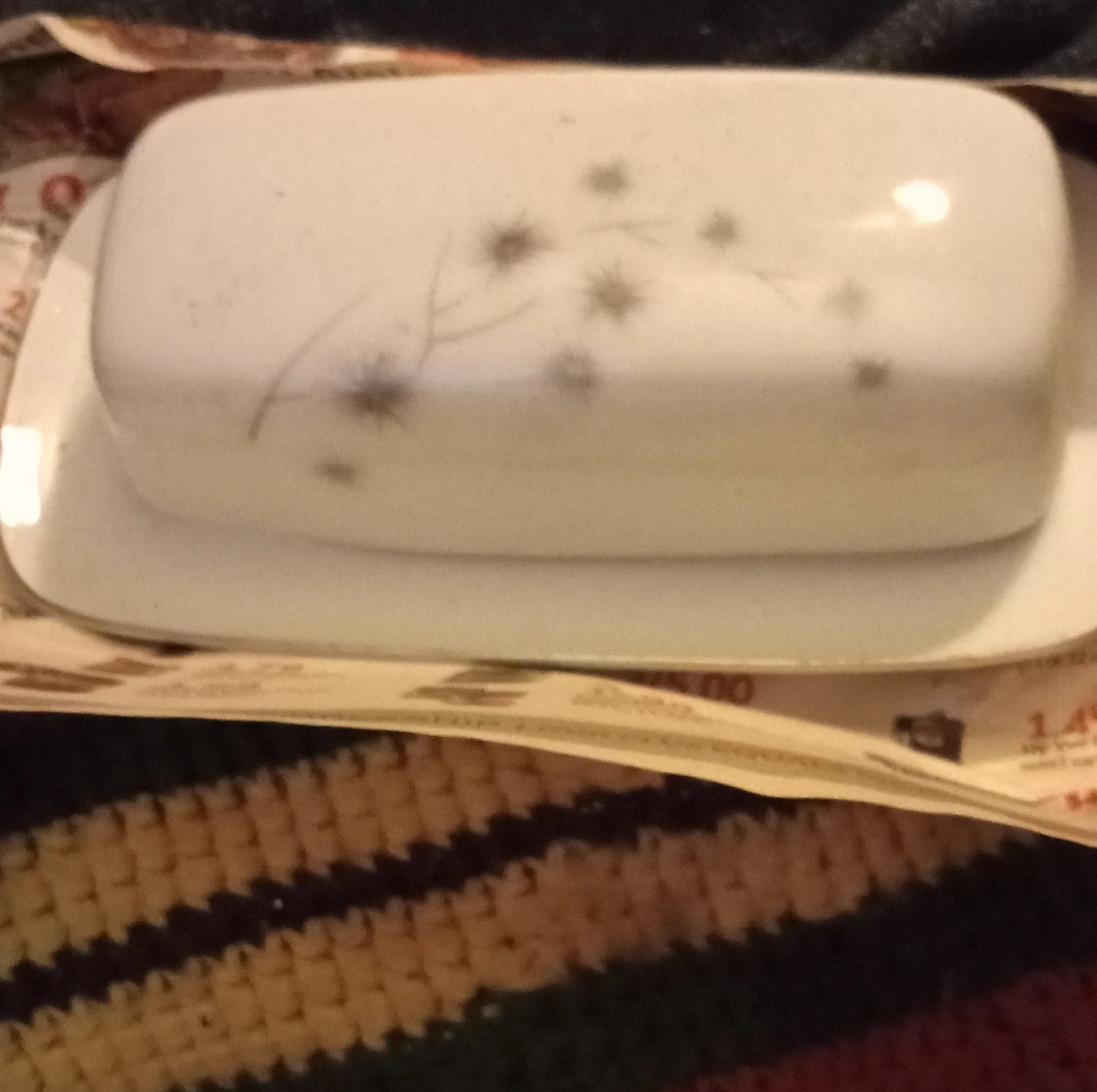 Ceramic Butter Dish with Starburst Pattern, Lid, White Gray, Rectangular, Glossy