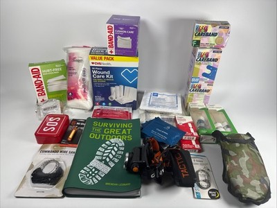 Lot of Survival Gear / Wound Care Kit Bandages Splints Pads Shovel Book etc