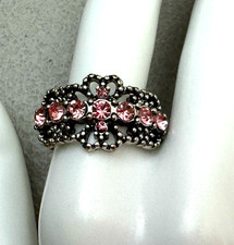 Pink Rhinestones Silver Tone Stretch Band Ring Costume Fashion Jewelry Size 8