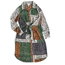 Nine West Women M Green Brown Snake Skin Button Front Knot Tie Waist Shirt Dress