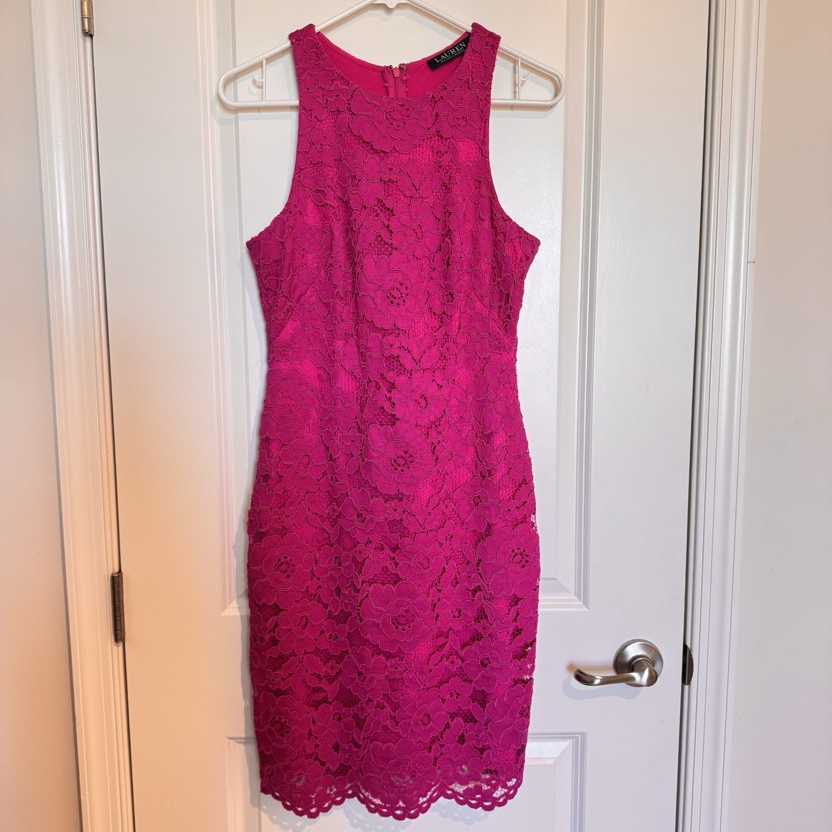 chinese dress ladies Lauren by Ralph Lauren Women's Geometric Square Lace Dress (8, Caliente Pink)  at Amazon Women's Clothing store
