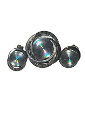 Vintage Iridescent Rainbow Diffraction Brooch 2" Brooch Earrings Rare Silvertone