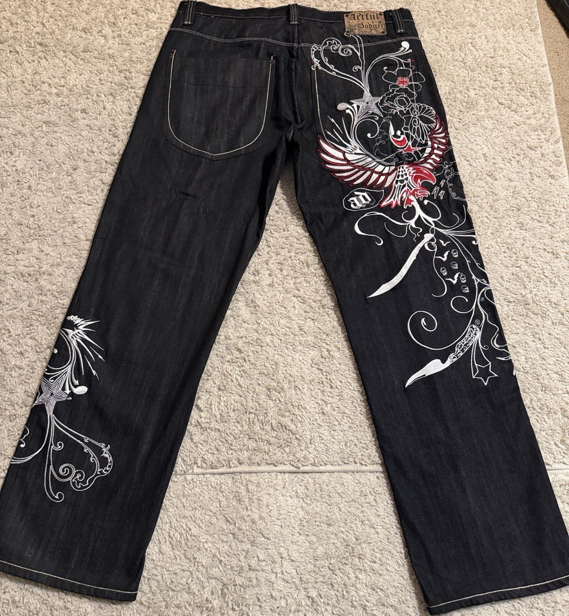 Artful Dodger ダークデニム 34 Artful Dodger Men's Black Embroidered Graphic Phoenix Denim Jeans