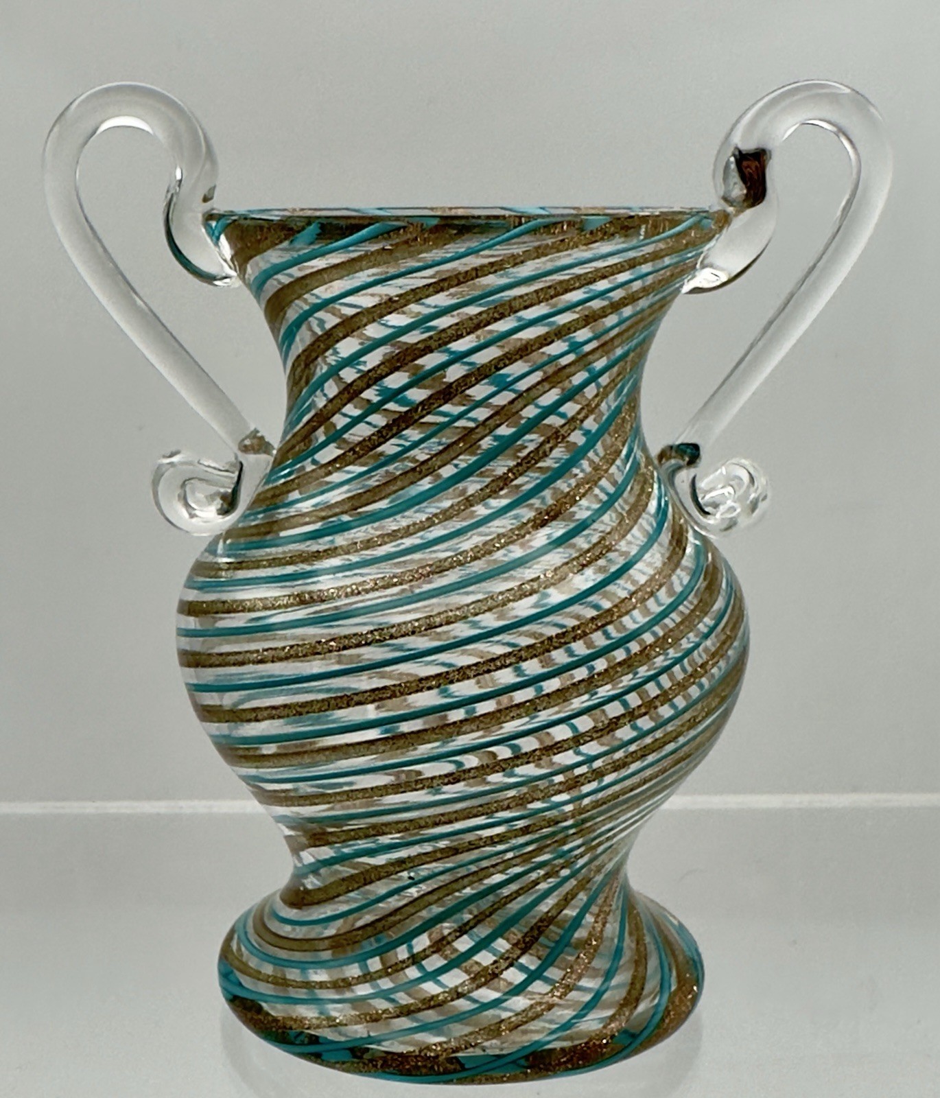 Vintage Murano Glass Venturina Vase Attributed to Venini 1950 Aquamarine Gold 3”