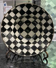 Vtg Mackenzie Childs Courtly Check Enamel Serving Bowl Dish Fruit Black White