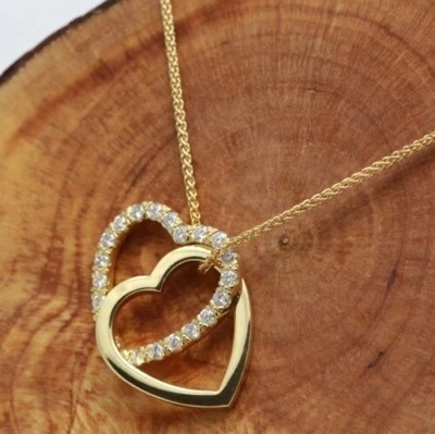 Double Heart Pendant In 14K Yellow Gold Plated 2Ct Round Cut Simulated Diamond
