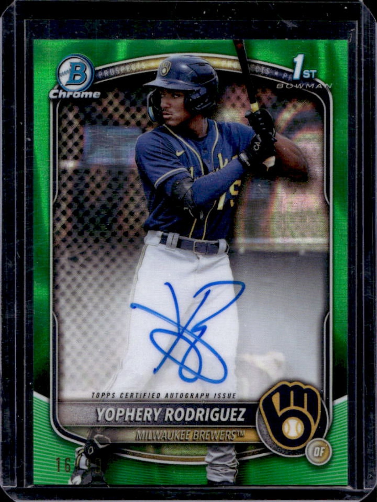 2025 Bowman Yophery Rodriguez Chrome Auto Green Lava Refractor 1st #/99 Brewers