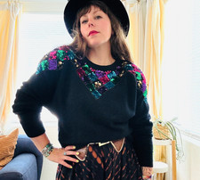 Vintage 80s Climax Black Lambswool Angora Bright Sequin Sweater  Size M/L