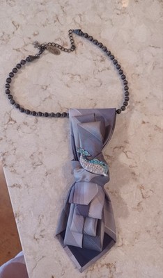 Handcrafted Necktie Necklace Rhinestone Dolphin Brooch