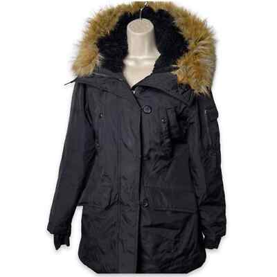 S13 women puffer jacket in black with faux fur hood trim size
