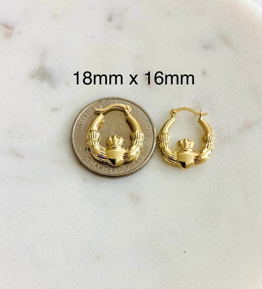 14K Real Yellow Gold Claddagh Hoop Earrings 18mm x 16mm - ER809 - Image 3 of 4