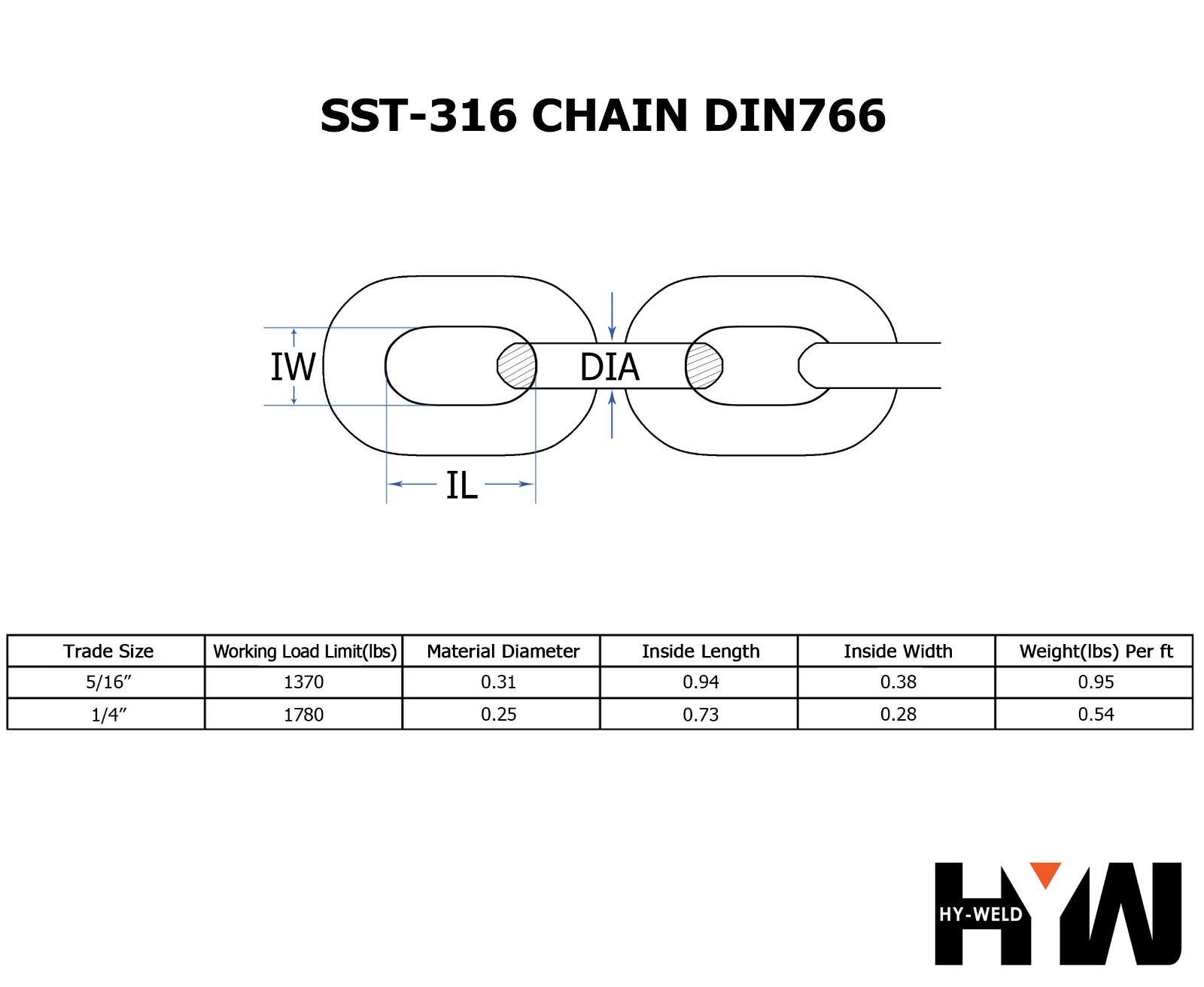 316 Stainless Steel Windlass Anchor Chain 5/16" 1/4" DIN766 by the foot
