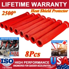 2500° 6" Spark Plug Wire Caps Boots Red Protector Sleeve Heat Shield Cover 8Pcs