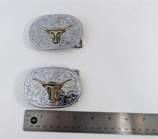 Lot of 2 Metal Silver Tone Belt Buckles Western Style Longhorn Head