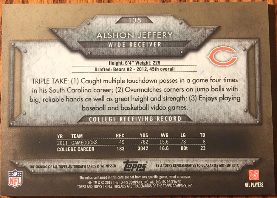 2012 Topps Triple Threads Rookie Jersey Autograph Alshon Jeffery #135 #’d 17/25 - Image 2 of 3