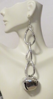 Huge Jingle Bell Earrings Silver Metal Tube Chain 5'' Long Chunky Link Dangle