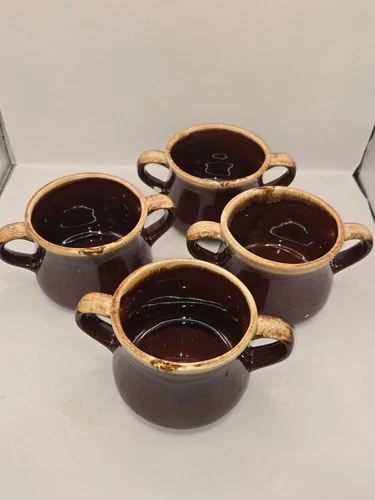 McCoy USA Brown Drip Soup Crock Double Handle Mug Bowl 3” x  3”  4 Pieces