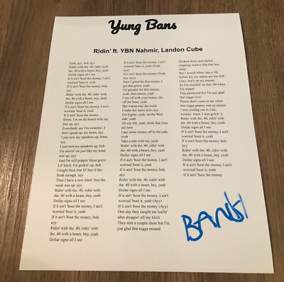 Yung Bans Ridin Misunderstood Signed Autographed Lyric Sheet COA Juice